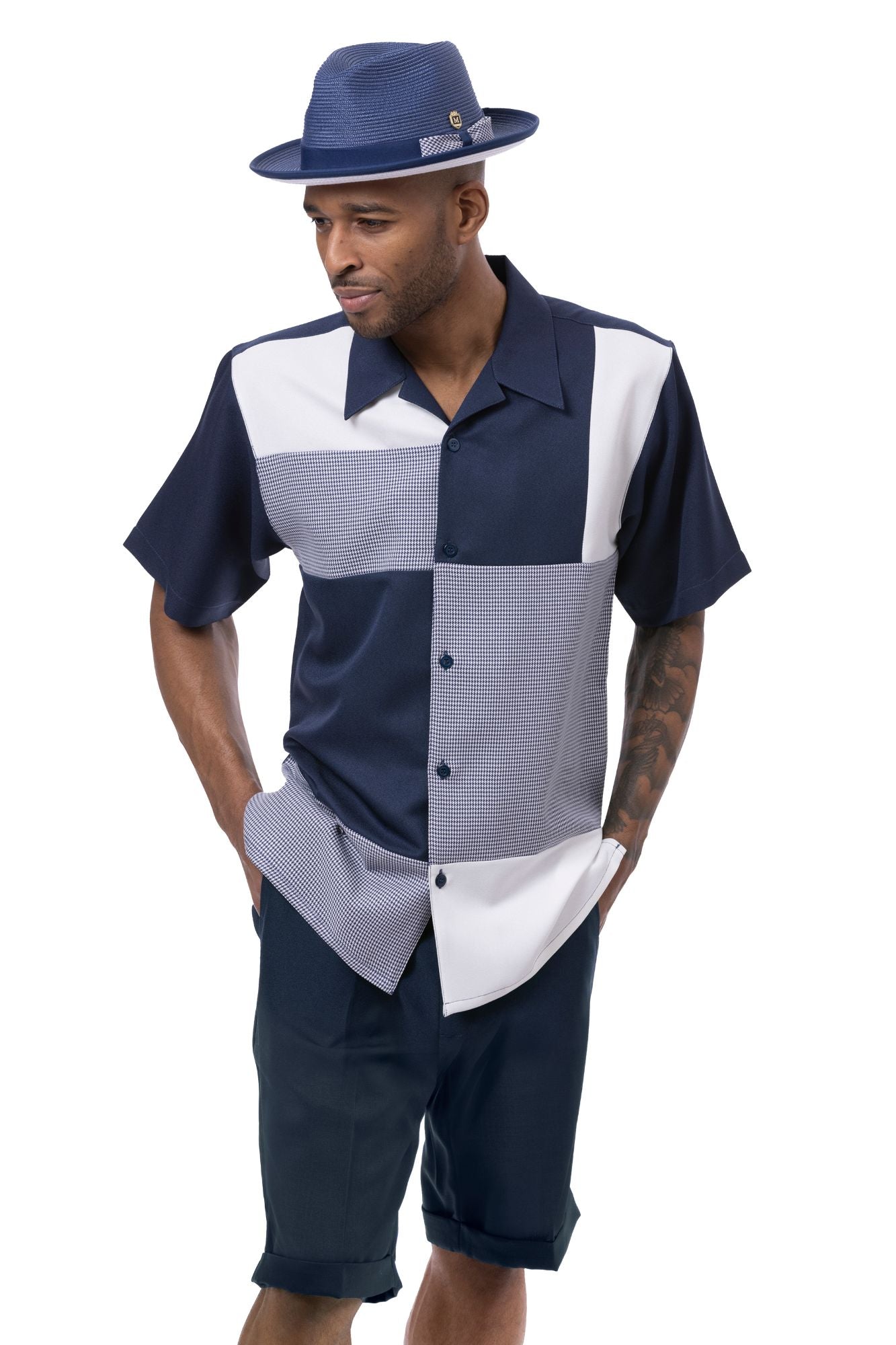 Navy color block houndstooth short sleeve walking suit with coordinated shorts