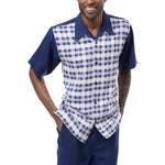 Montique Checker Plaid 2-Piece Walking Suit Shorts Set in Navy