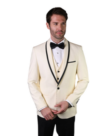 Empire Elegance Collection: Off-White 3PC Flat Front Pants with Bow Tie 100% Wool Tailored Fit