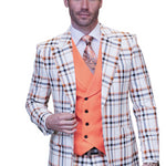 TrendyTwist Collection: 3PC Modern Fit Plaid Suit with Solid Color Double-Breasted Vest In Orange