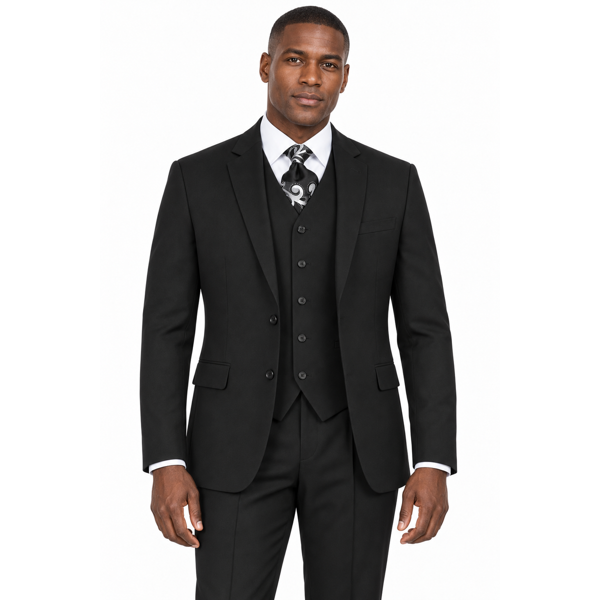 AI-generated King Wing model wearing the black three-piece modern-fit poplin suit