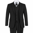 AI-enhanced front view of black three-piece modern-fit suit on white background