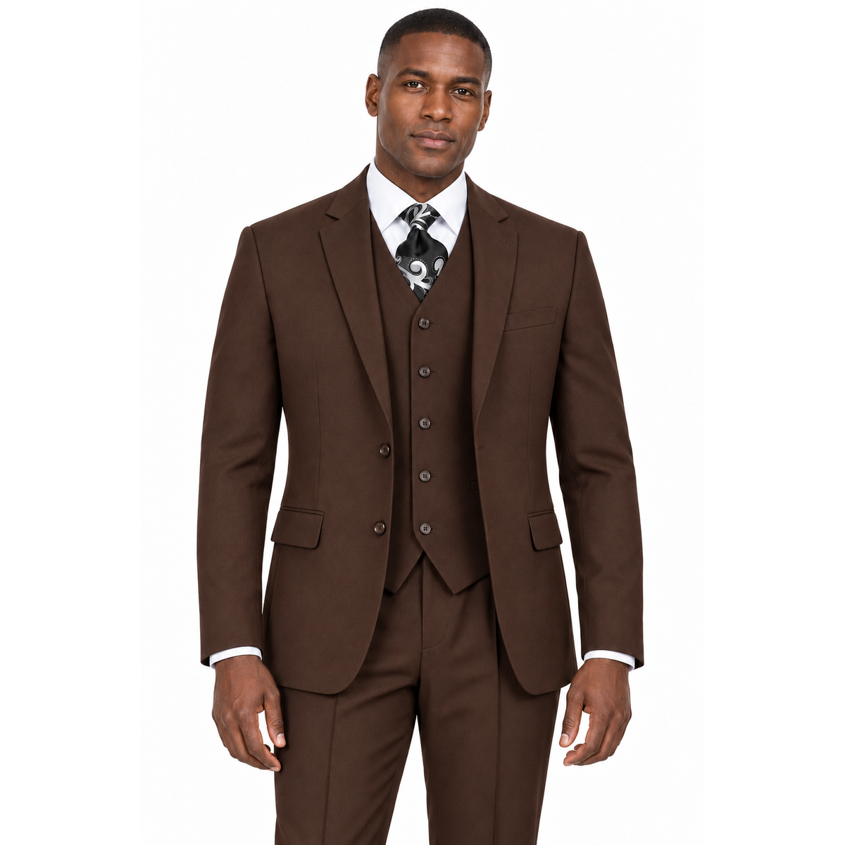 Brown 3-Piece Poplin Suit with Vest - Modern Fit - model view