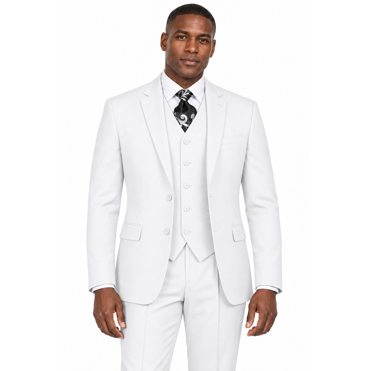 AI-generated illustration: White 3-Piece Modern Fit Poplin Suit worn by a model
