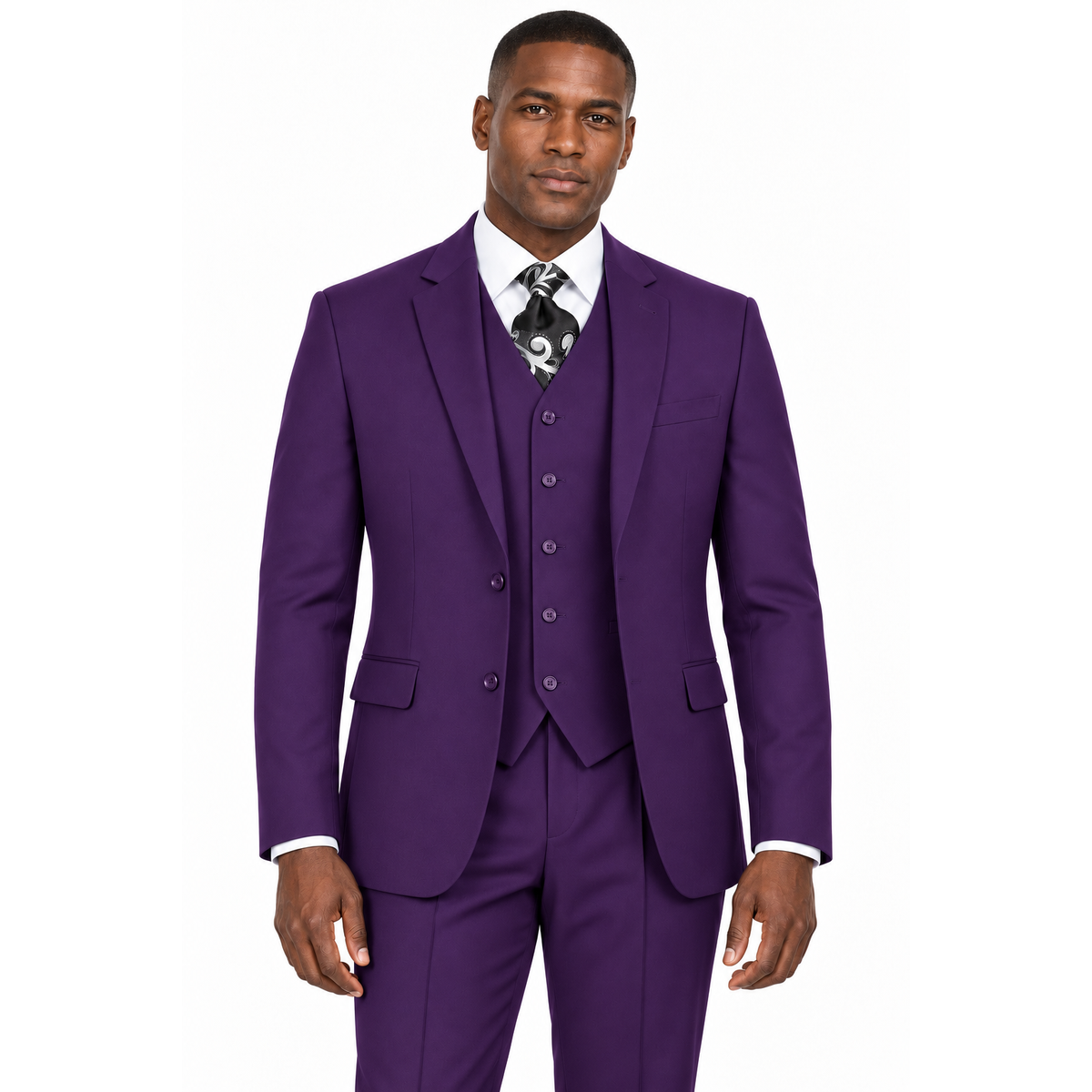 AI-generated illustration: Purple 3-Piece Modern Fit Poplin Suit worn by a model