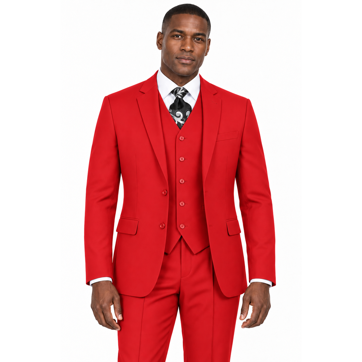 AI-generated King Wing model wearing a three-piece modern-fit poplin suit; P3208