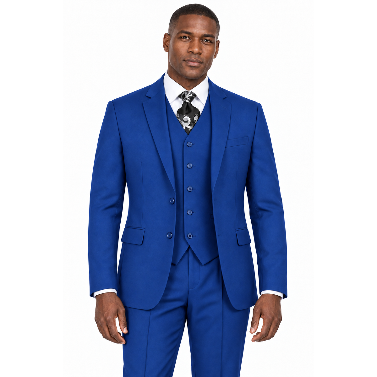 AI-generated illustration: Royal Blue 3-Piece Modern Fit Poplin Suit worn by a model