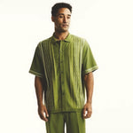 Knitted Fabric Grass Green Criss-Cross Pattern Walking Suit Short Sleeve Set