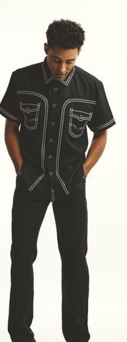 Embroidered Fabric Design in Black Short Sleeve Walking Suit