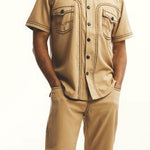 Embroidered Fabric Design in Khaki Short Sleeve Walking Suit