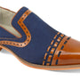Leather & Linen Fusion: Men's Tan & Navy Slip-On Interlaced Cap Toe Shoes