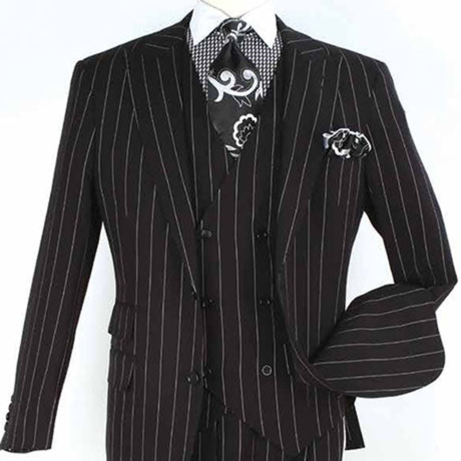 black pinstripe suit double breasted vest close up