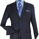navy notch lapel suit jacket with flat front pants