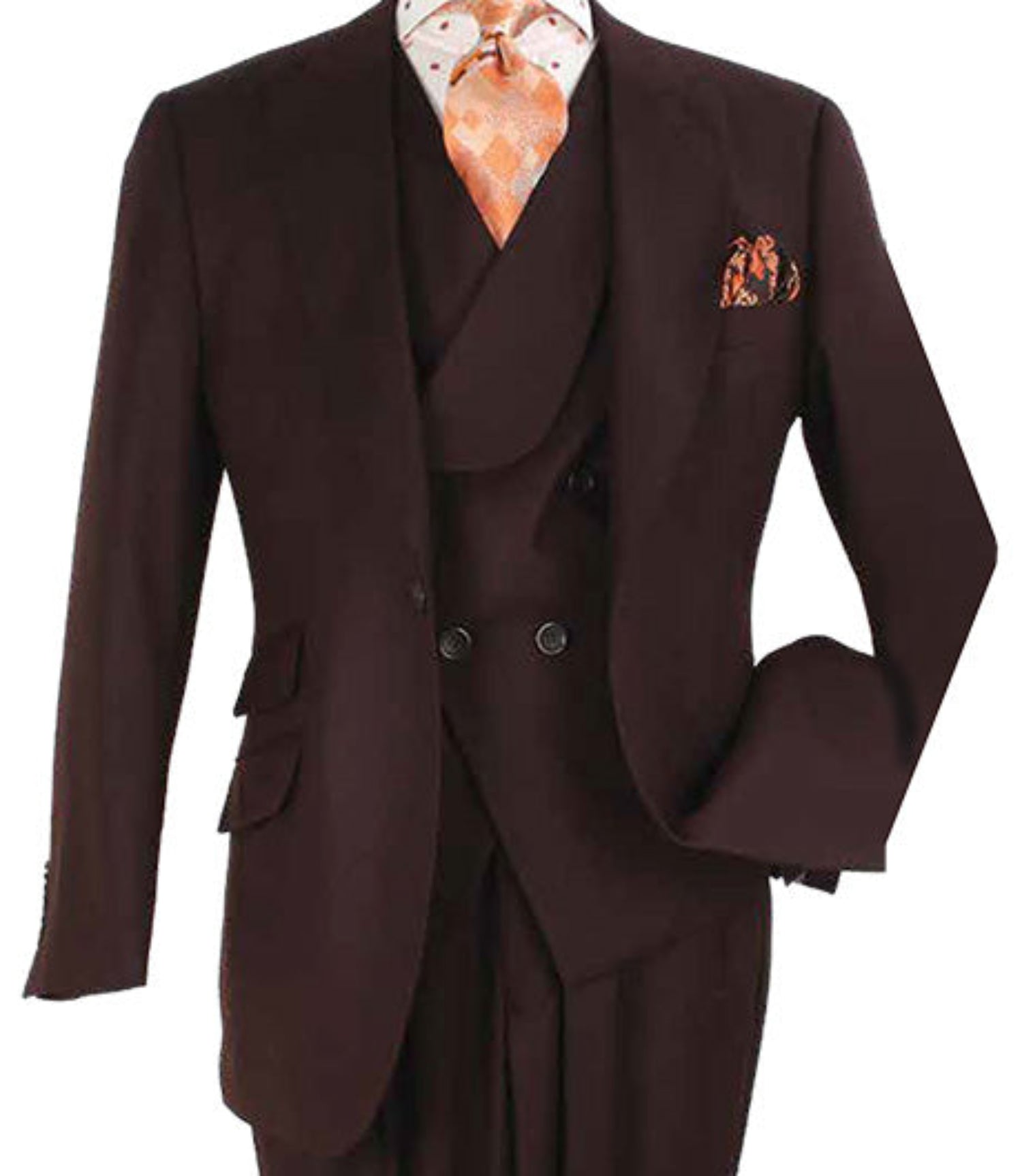 brown peak lapel suit double breasted vest close up