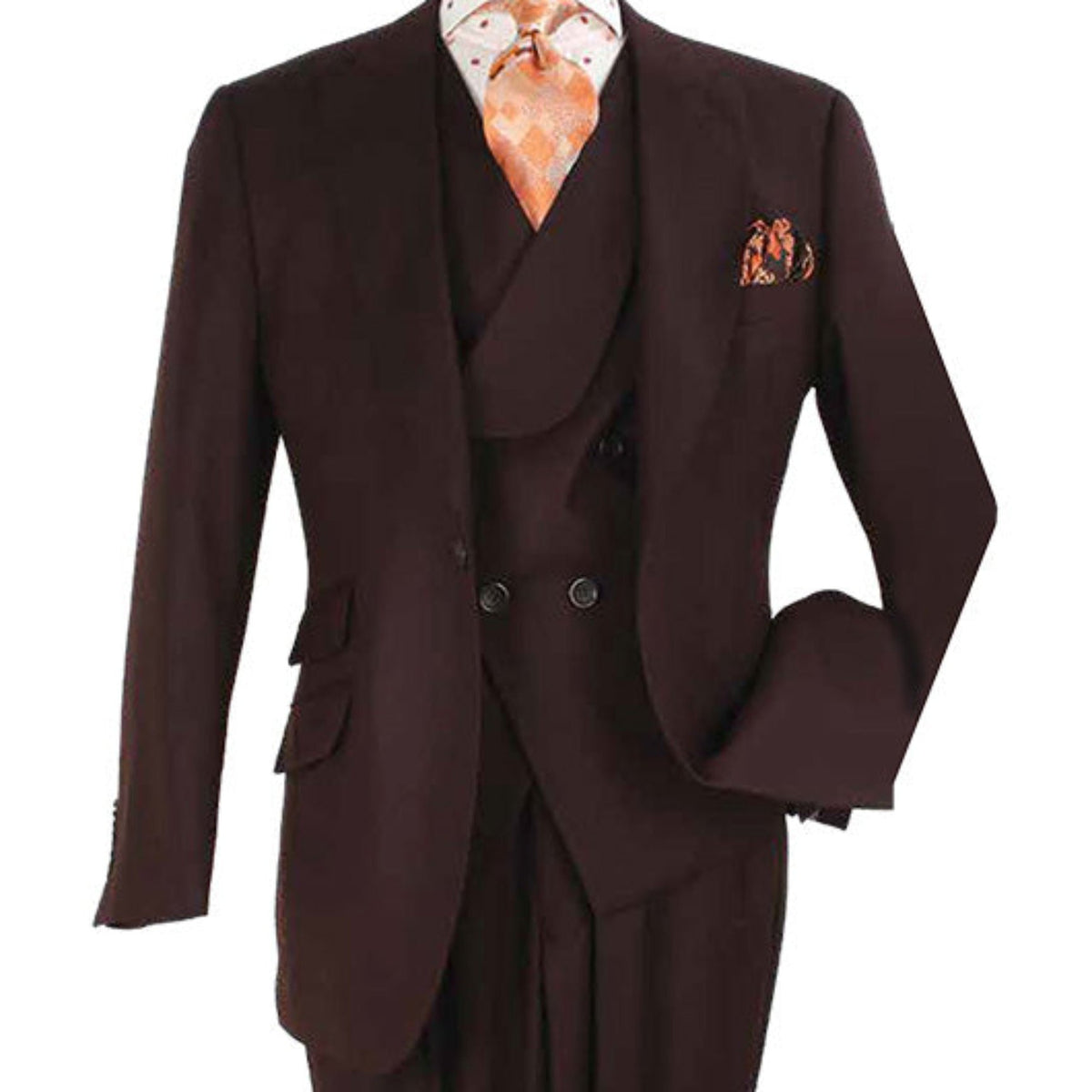 brown peak lapel suit double breasted vest close up