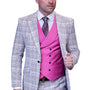 Suitique Collection: 3PC Modern Fit Plaid Suit with Solid Color Vest In Pink
