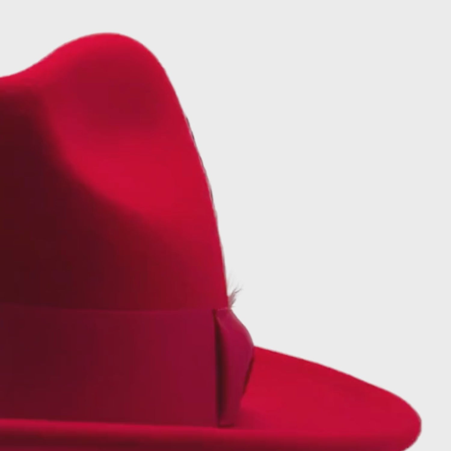 video of Red wool felt fedora hat close-up with matching ribbon bow, feather accent, pinched crown, and soft felt texture