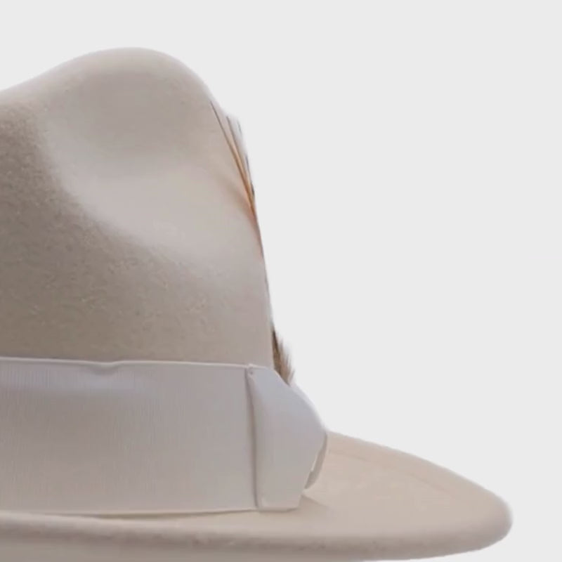 White wool felt fedora hat back view with pinched crown, white ribbon band, smooth felt finish, and wide brim