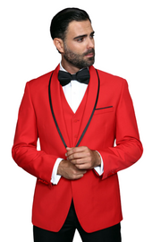 Empire Elegance Collection: Red 3PC Flat Front Pants with Bow Tie 100% Wool Tailored Fit