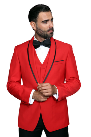 Empire Elegance Collection: Red 3PC Flat Front Pants with Bow Tie 100% Wool Tailored Fit