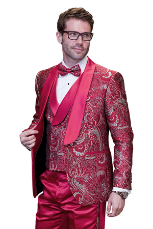 Eclipse Elegance Collection: 3PC Modern Fit Shawl Lapel Tuxedo With Woven Fabric In Red