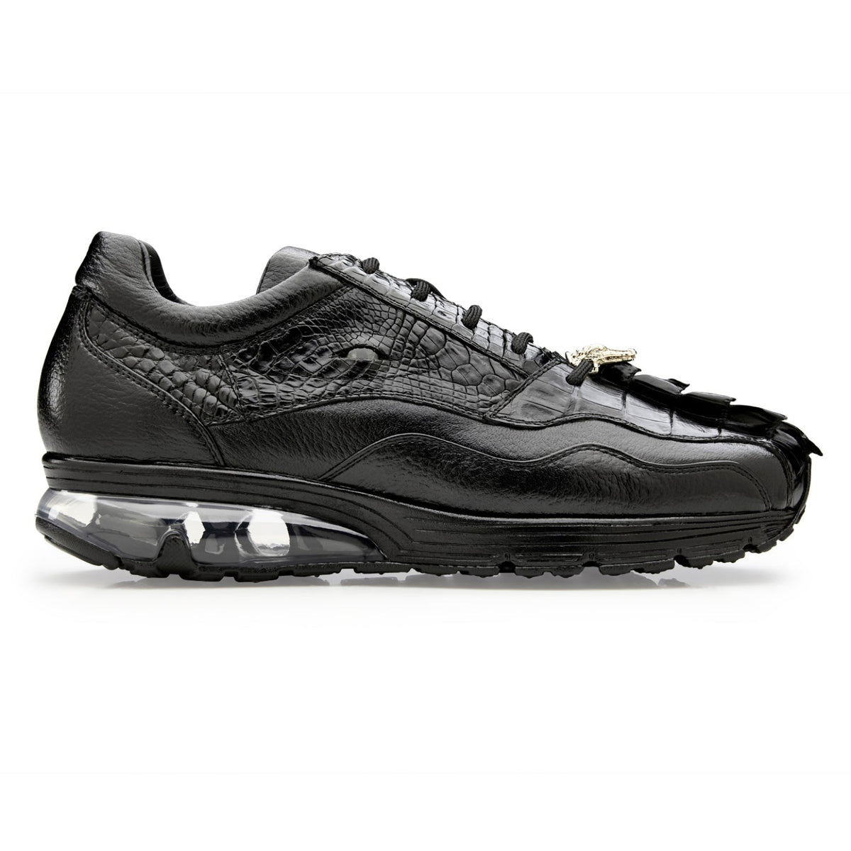 Side profile of black Belvedere air-cushion sneaker