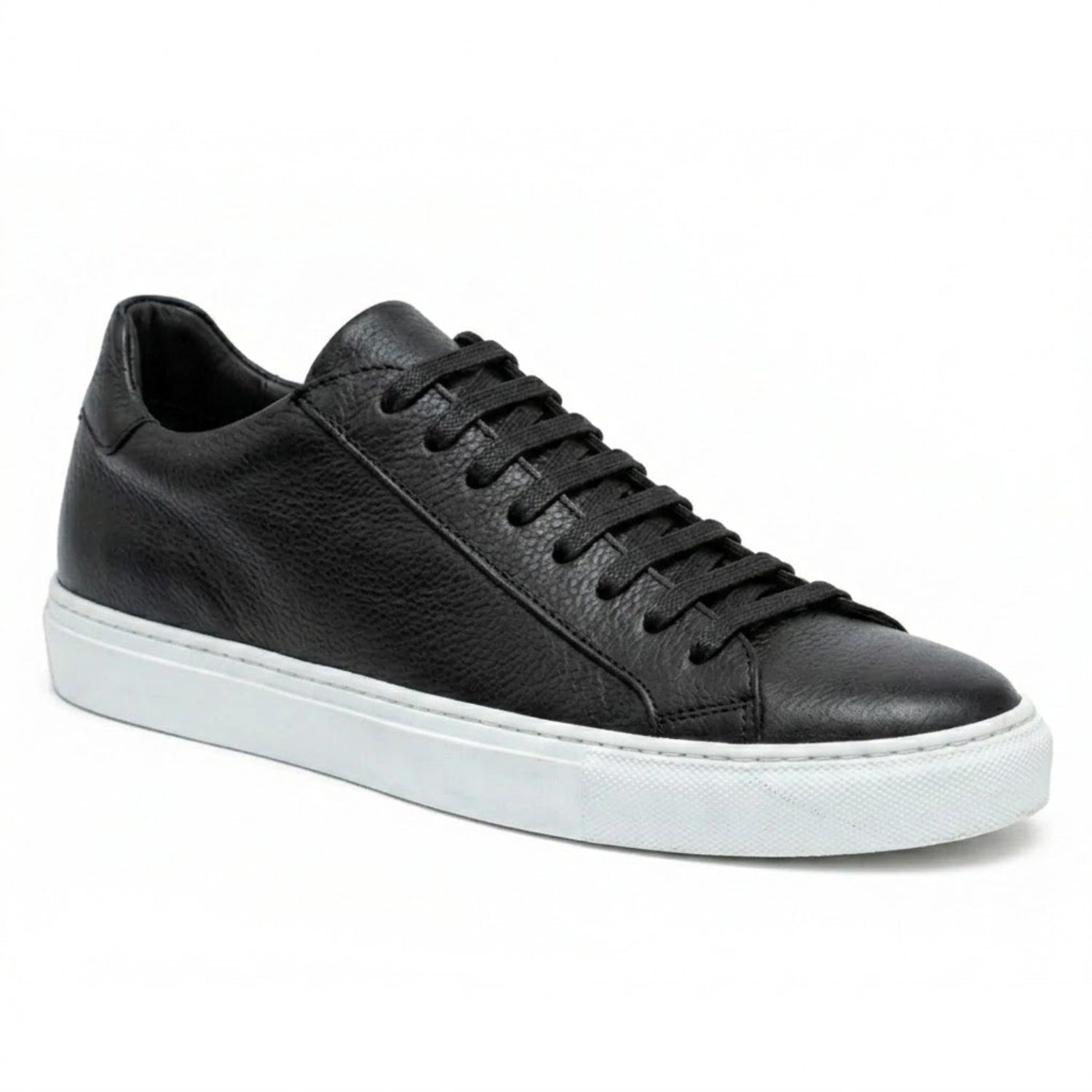 black leather sneaker white rubber sole side view