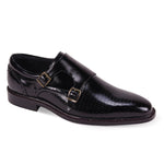 Zico Collection: Black Plain Toe Double Monk Strap Shoe - Genuine Leather