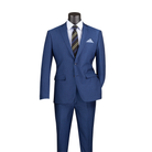 Blue textured slim-fit suit with a two-button notch-lapel jacket and matching trousers, front view.