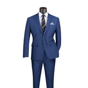 Blue textured slim-fit suit with a two-button notch-lapel jacket and matching trousers, front view.