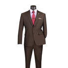 Brown textured slim-fit suit with a two-button notch-lapel jacket and matching trousers, front view.
