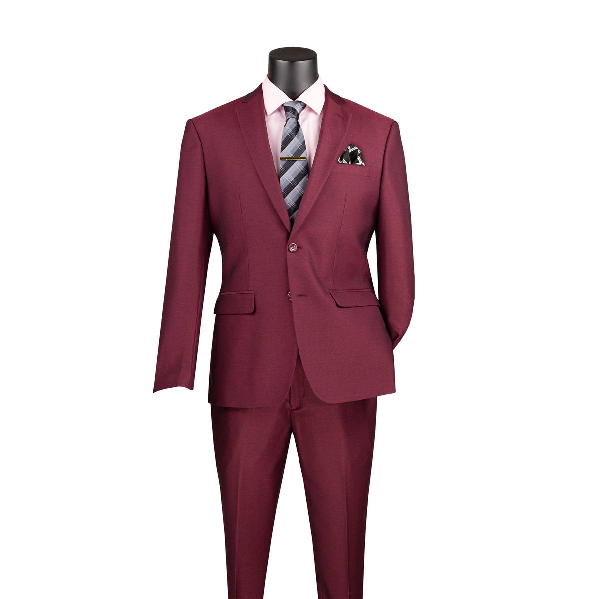 Burgundy textured slim-fit suit with a two-button notch-lapel jacket and matching trousers, front view.