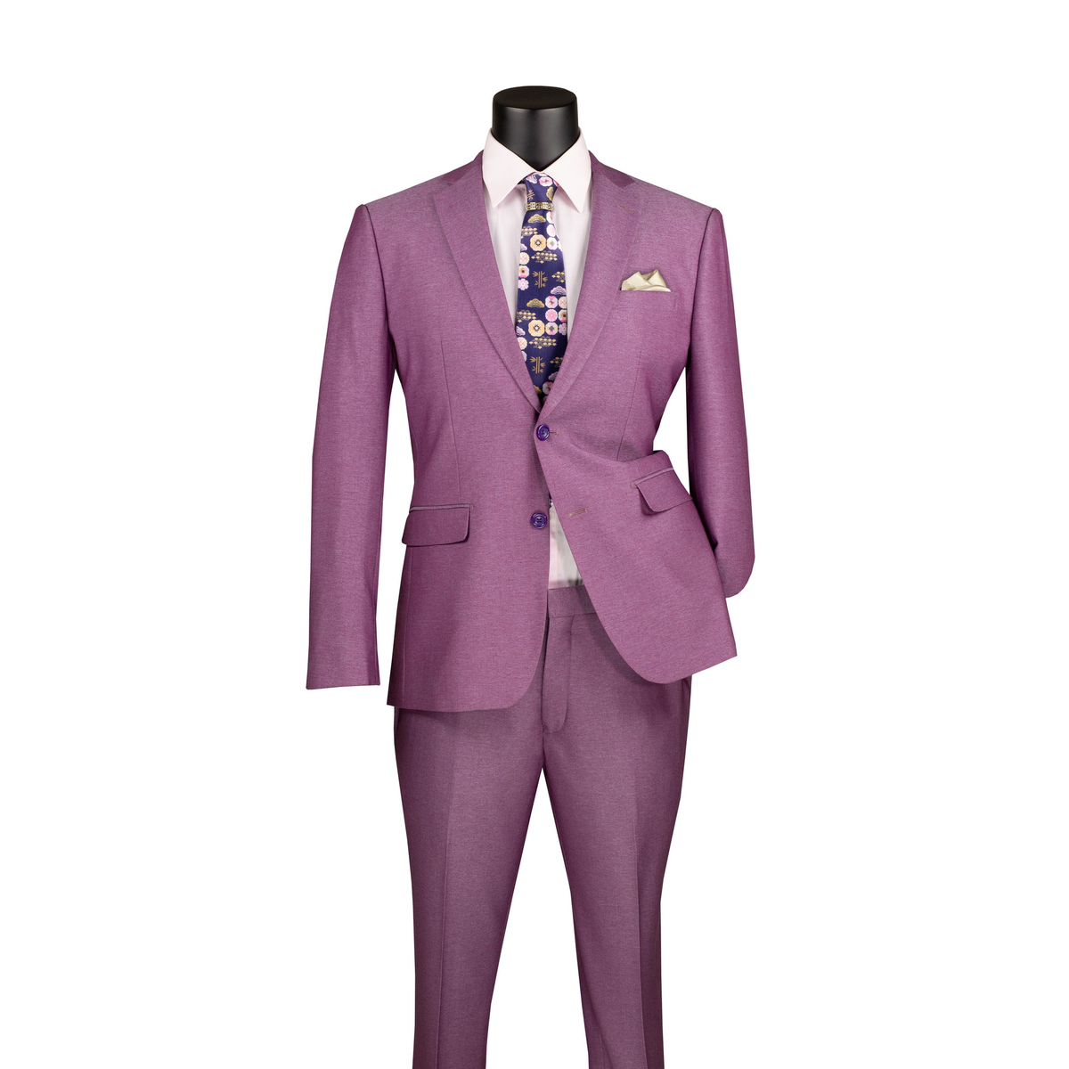 Light purple textured slim-fit suit with a two-button notch-lapel jacket and matching trousers, front view.