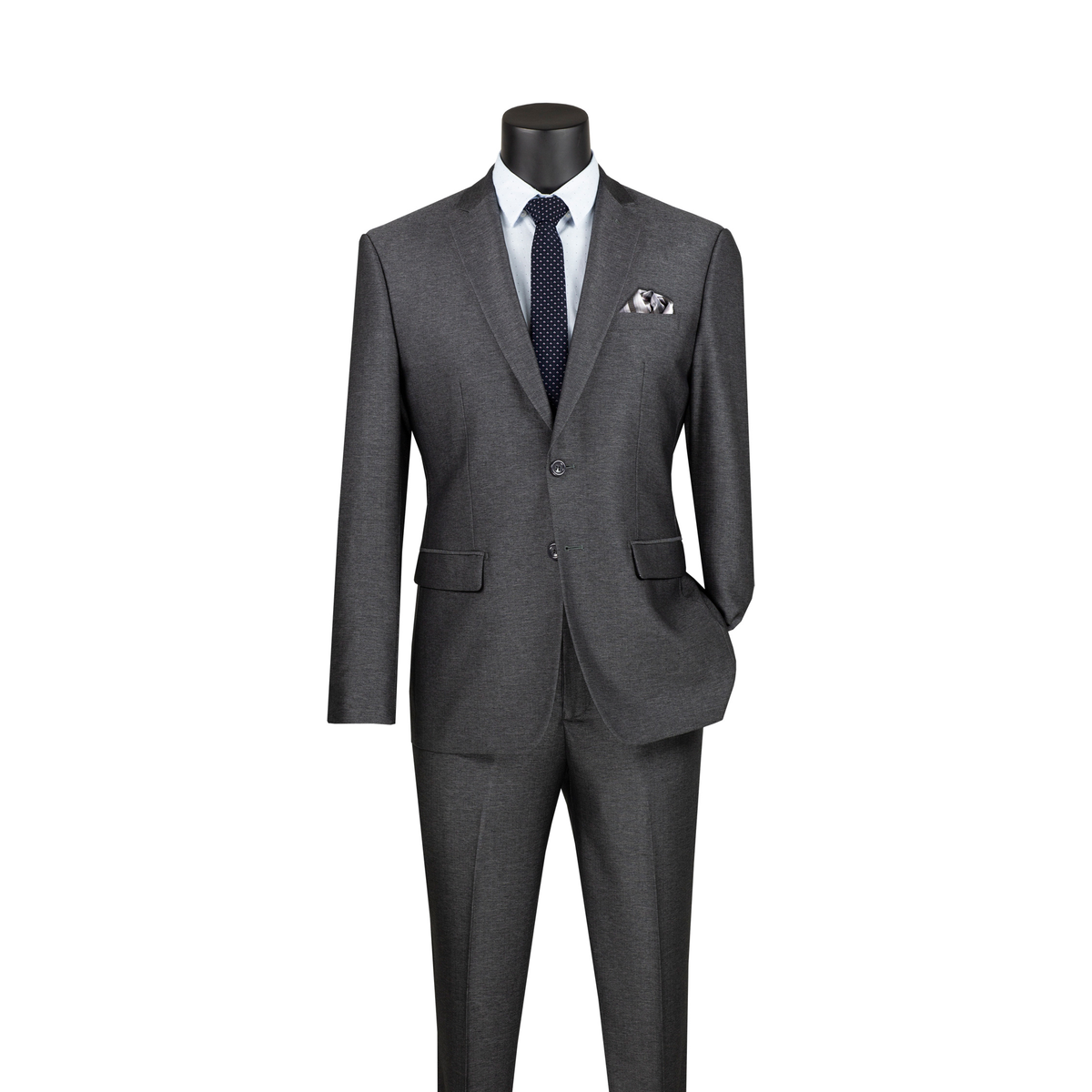 Smoke gray textured slim-fit suit with a two-button notch-lapel jacket and matching trousers, front view.