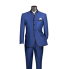 Blue banded-collar suit with black trim, a four-button jacket and matching trousers, front view.