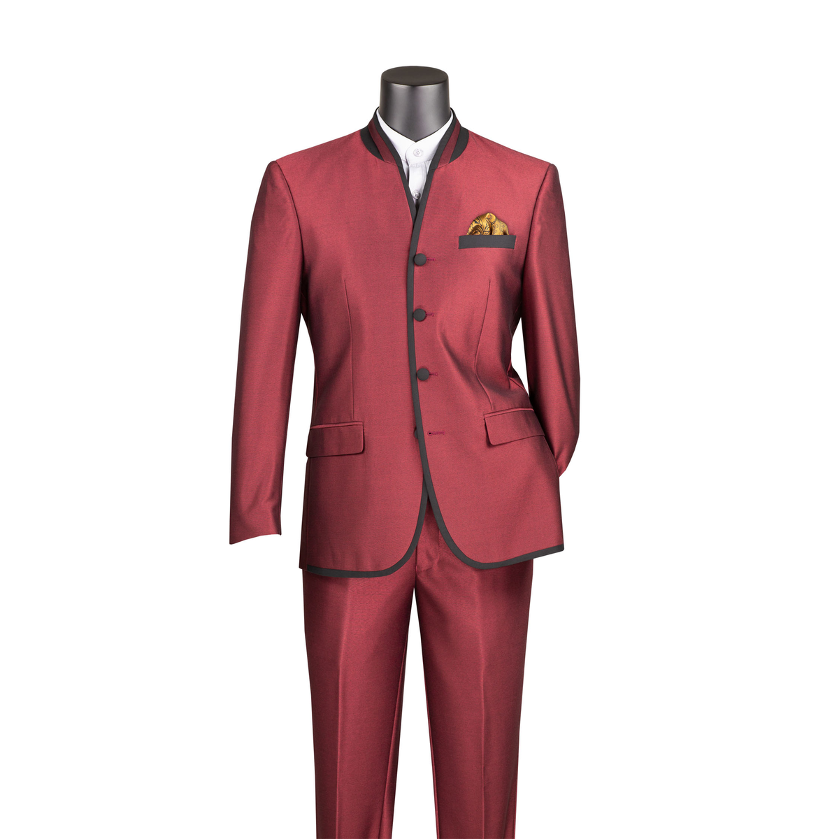 Wine banded-collar suit with black trim, a four-button jacket and matching trousers, front view.