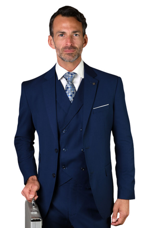 3-Piece Modern Fit Suit with Double Breasted Vest - Sapphire