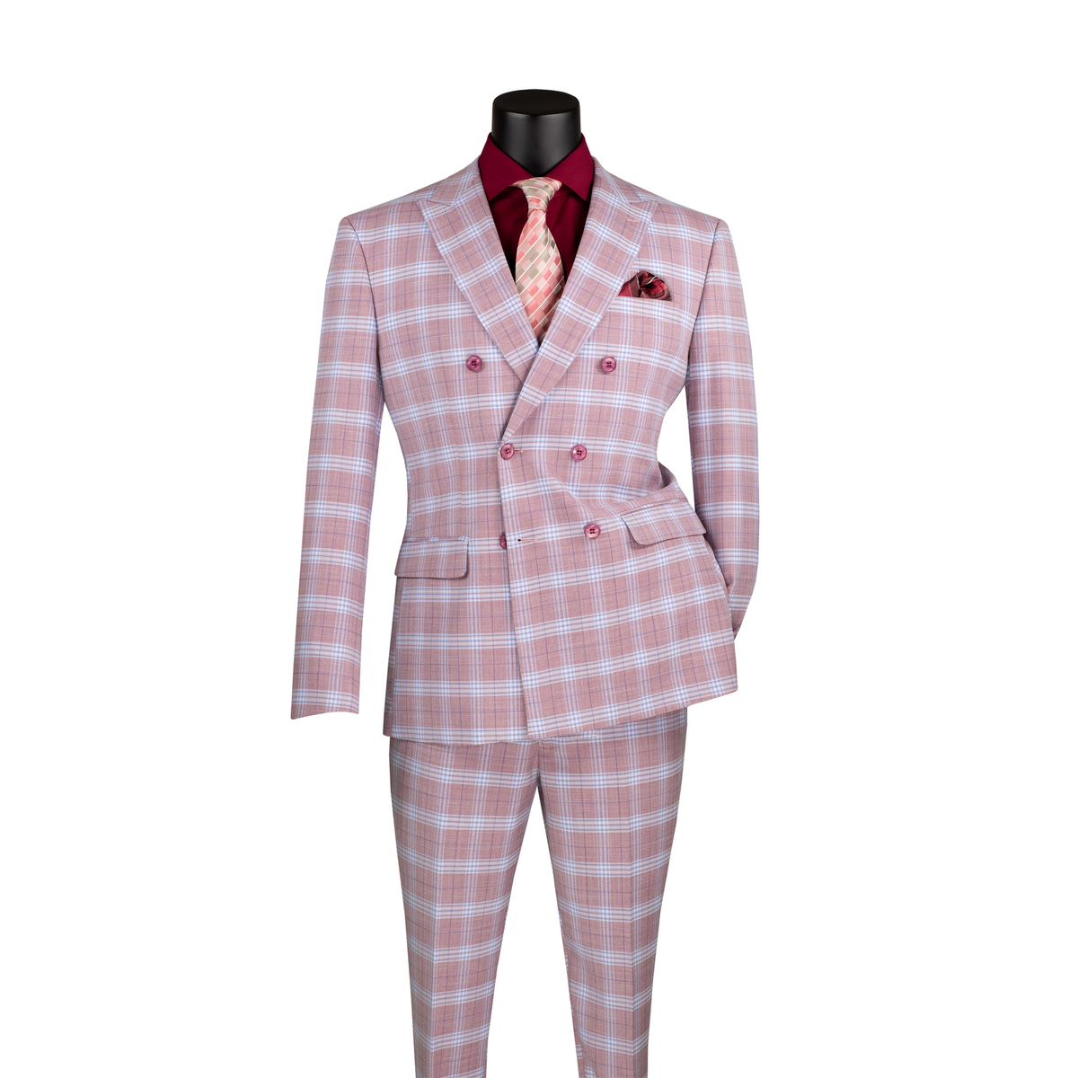Adobe rose plaid double-breasted suit with peak lapels and matching trousers, front view.