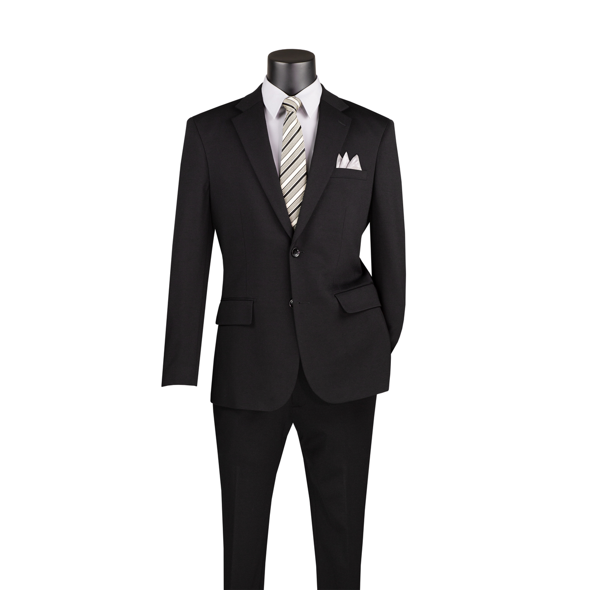 Black slim-fit suit with a two-button notch-lapel jacket and matching trousers, front view.