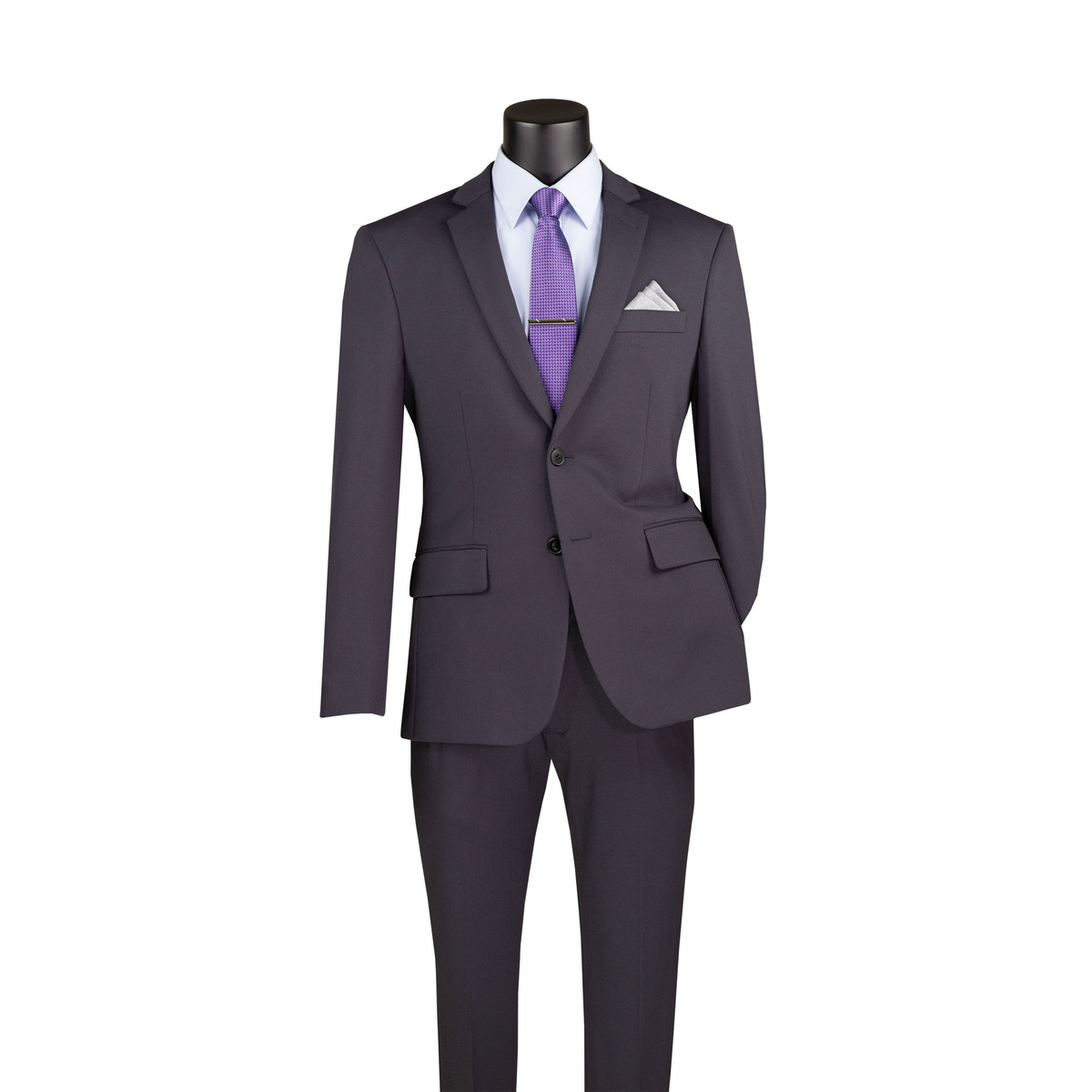 Charcoal slim-fit suit with a two-button notch-lapel jacket and matching trousers, front view.