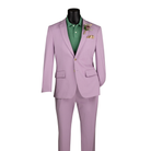 Lavender slim-fit suit with a two-button notch-lapel jacket and matching trousers, front view.