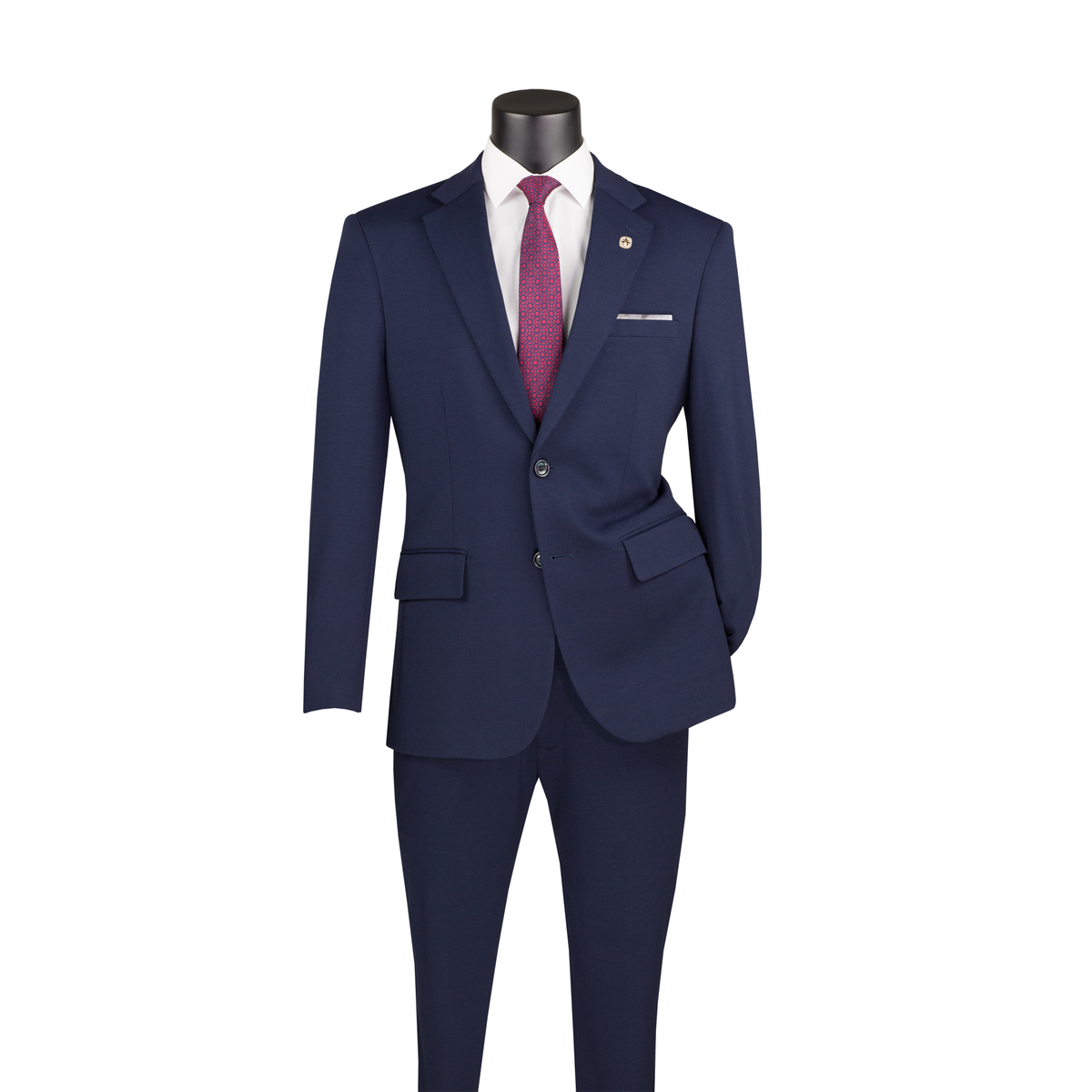 Navy slim-fit suit with a two-button notch-lapel jacket and matching trousers, front view.