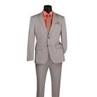 Silver gray slim-fit suit with a two-button notch-lapel jacket and matching trousers, front view.