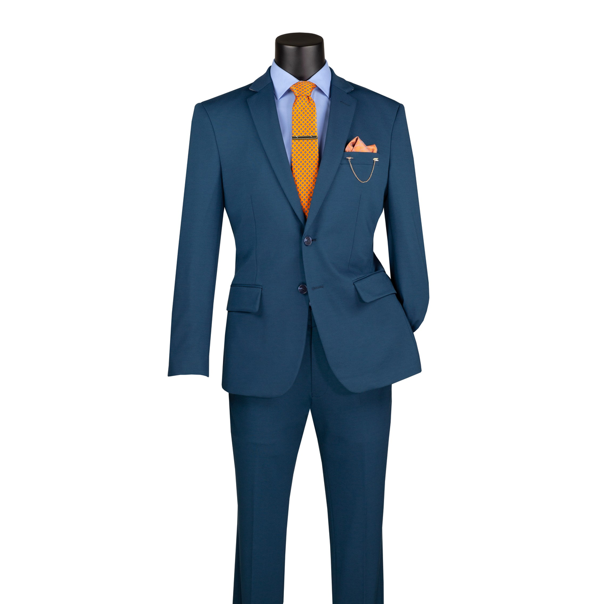Teal slim-fit suit with a two-button notch-lapel jacket and matching trousers, front view.