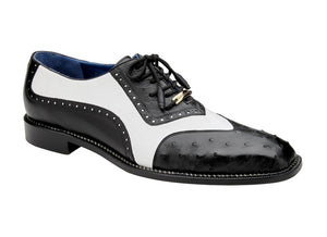 Ostrich Quill and Italian Leather Wing Tip Shoes for Men in Black/White-Sesto!
