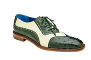 Ostrich Quill and Italian Leather Wing Tip Shoes for Men in Forest Green/Cream-Sesto!