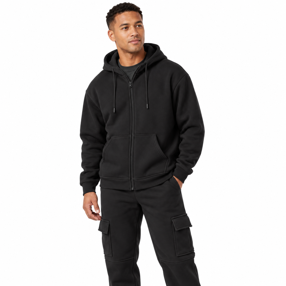Black fleece cargo tracksuit - worn front view