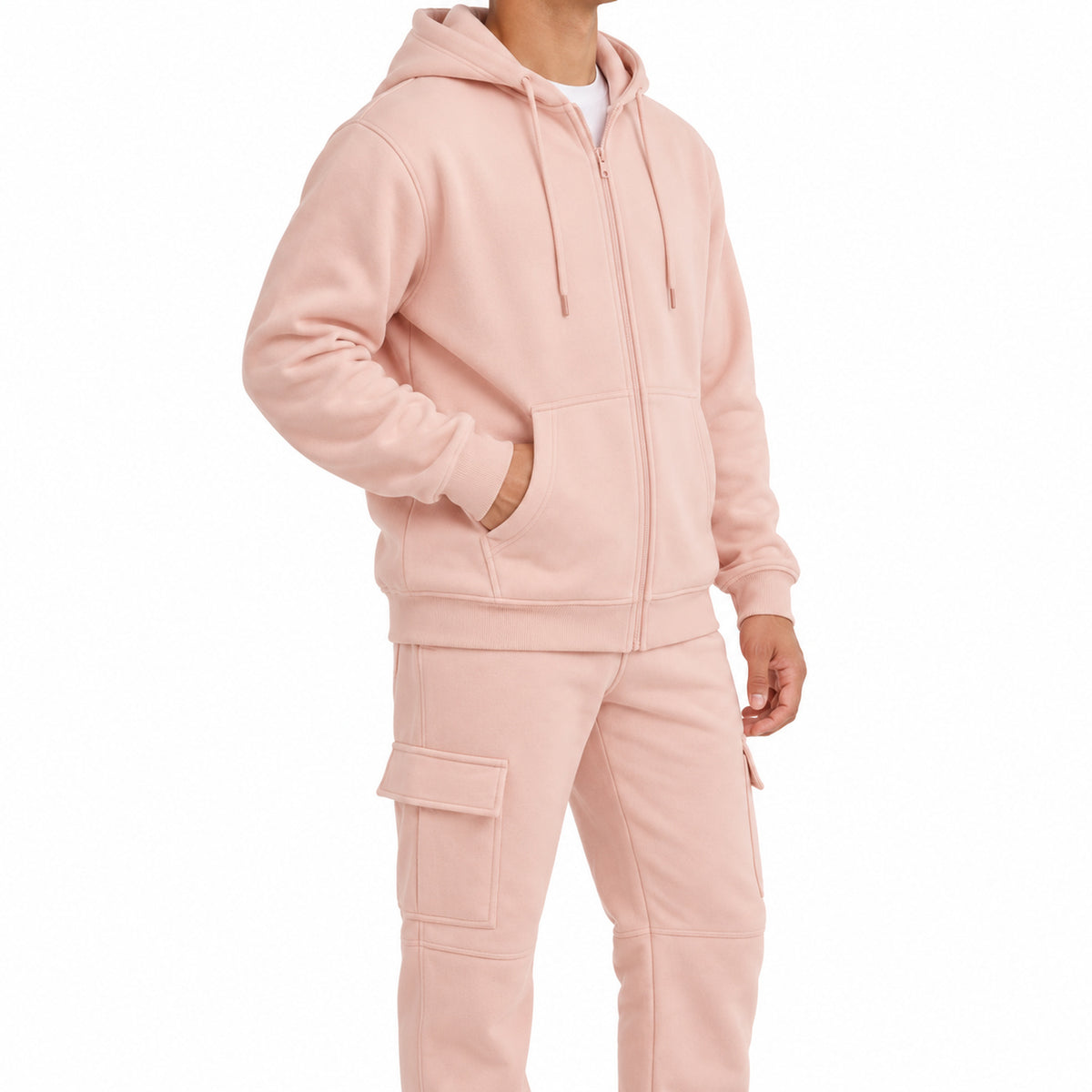 Pink fleece cargo tracksuit - worn front view