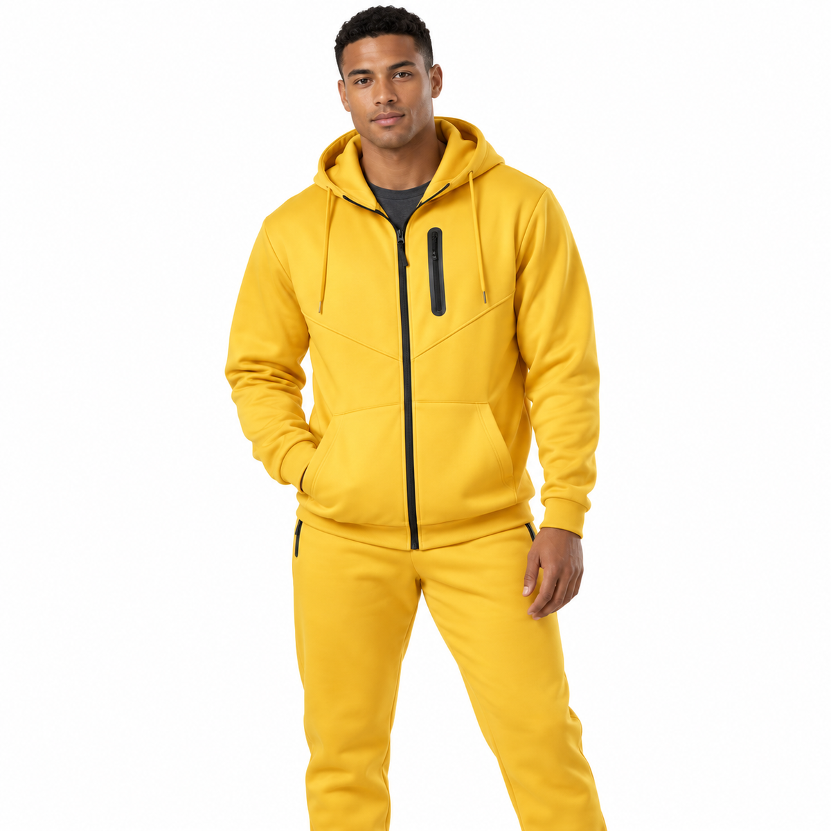 Yellow tech fleece tracksuit - worn front view