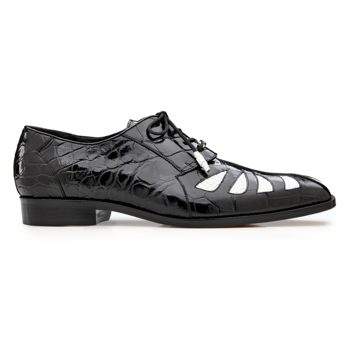 Side profile of black alligator Oxford with white inlays